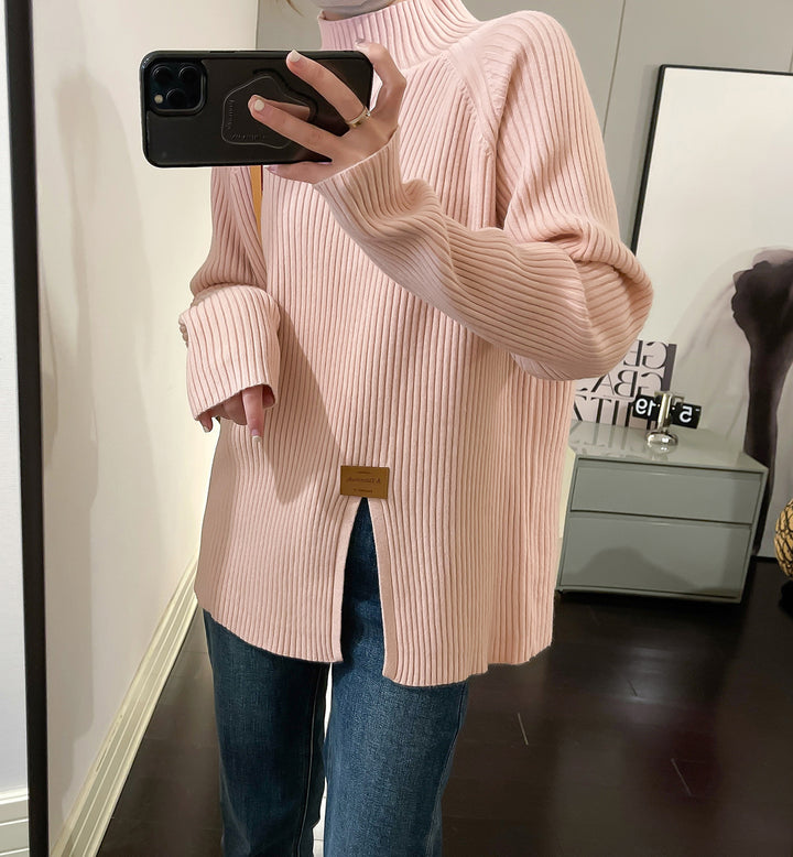 Damen Moderner Rippstrickpullover mit hohem Kragen und asymmetrischem Schnitt Drune