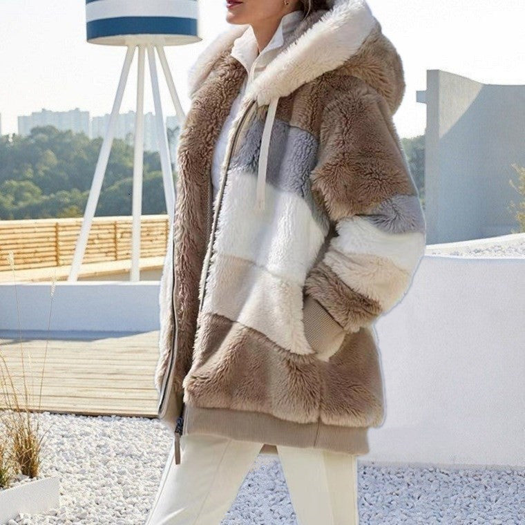 Damen nan Oversize Teddyfell-Kapuzenjacke mit Farbblock-Streifen, hochwertigem Reißverschluss und gerippten Bündchen Drune