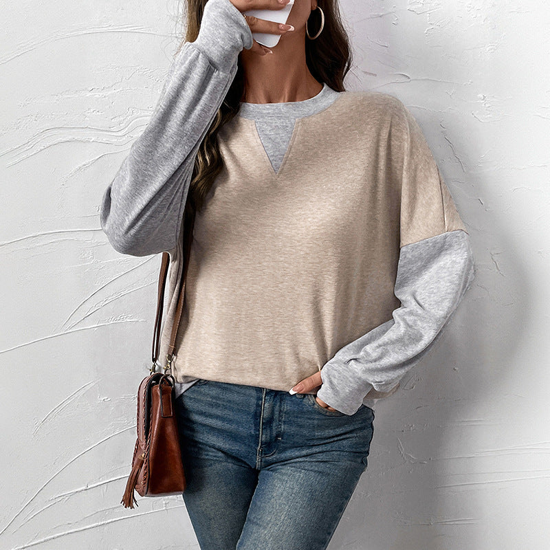 Damen lässiger Langarm-Pullover mit kontrastierenden Ärmeln und V-Ausschnitt Drune