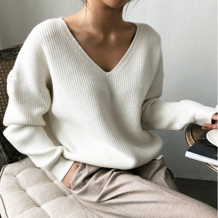 Damen Strickpullover mit tiefem V-Ausschnitt und lässiger Passform Drune