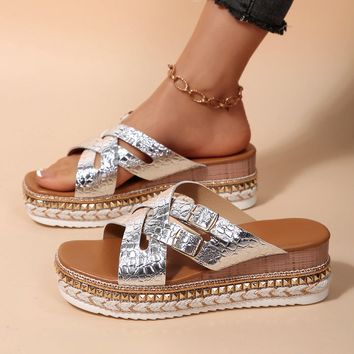 Damen Wedge-Pantoletten mit elegantem Kroko-Design und verstellbaren Riemen Drune