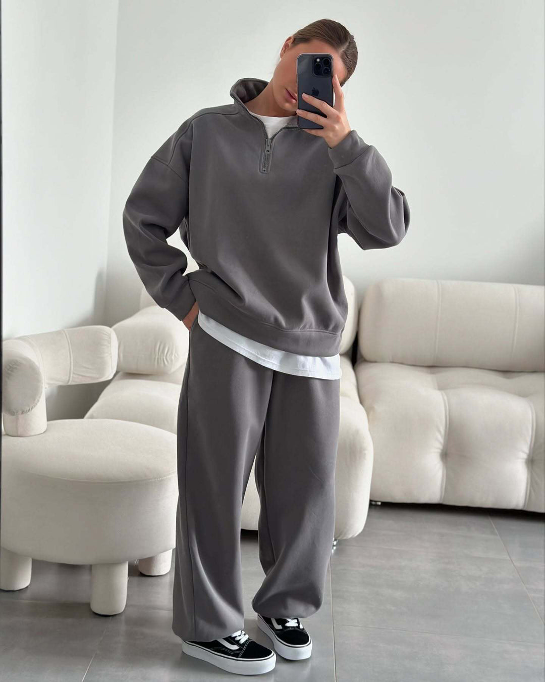 Damen nan Oversize Halbzip-Pullover mit Stehkragen und weitem Lounge-Hose-Set Drune