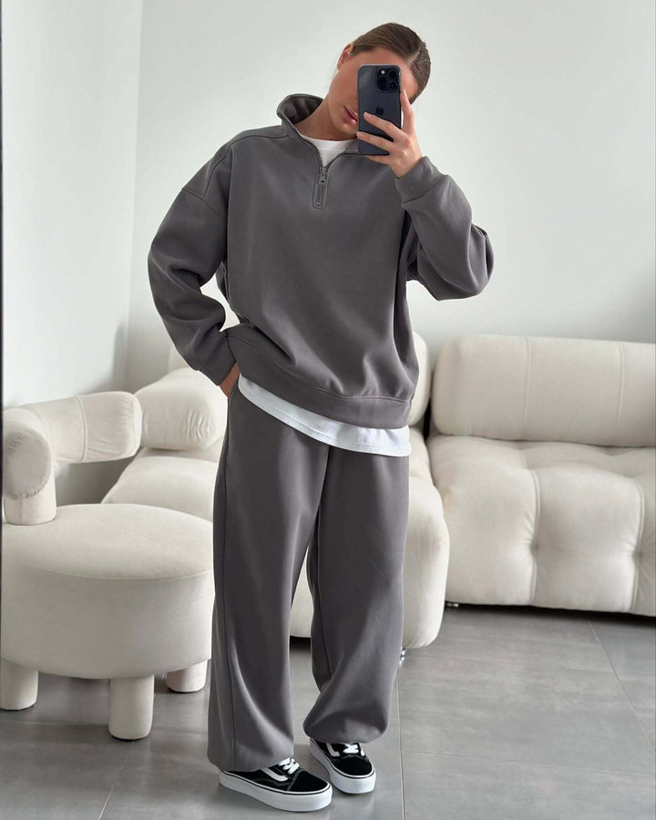 Damen nan Oversize Halbzip-Pullover mit Stehkragen und weitem Lounge-Hose-Set Drune