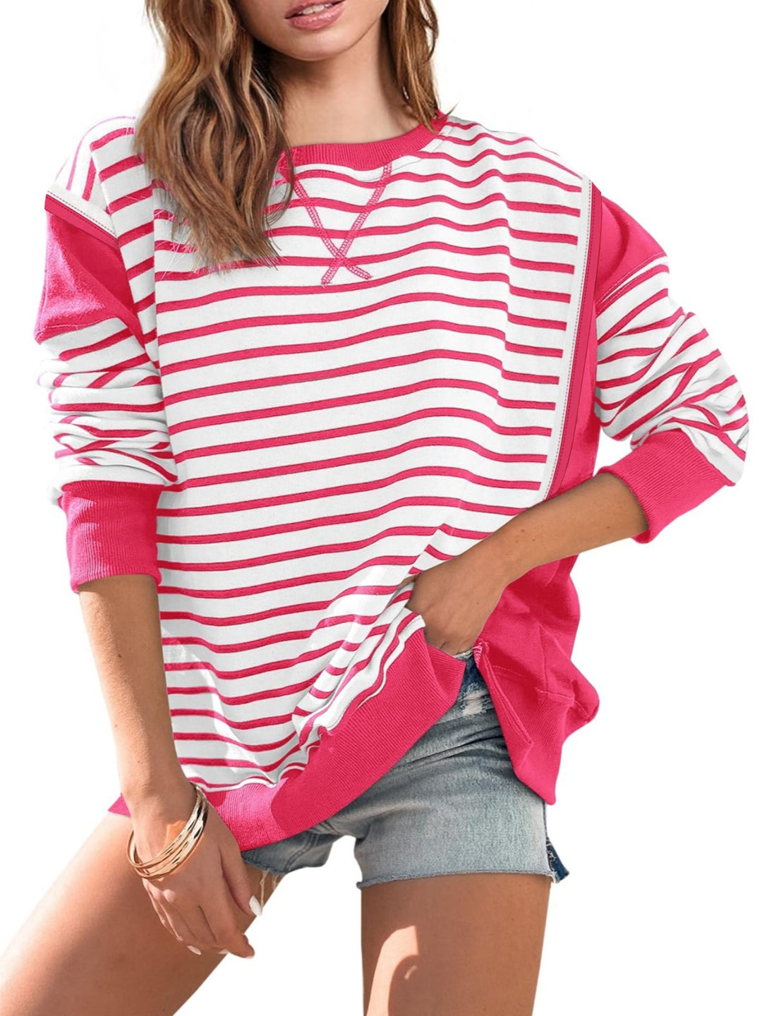 Damen gestreifter Sweatshirt mit übergroßem Schnitt Drune