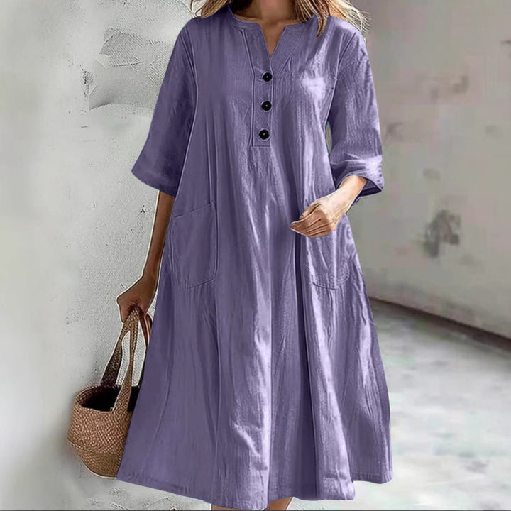Damen nan locker fallendes A-Linien Kleid mit V-Ausschnitt-Knopfleiste, 3/4-Ärmeln und aufgesetzten Eingrifftaschen Drune