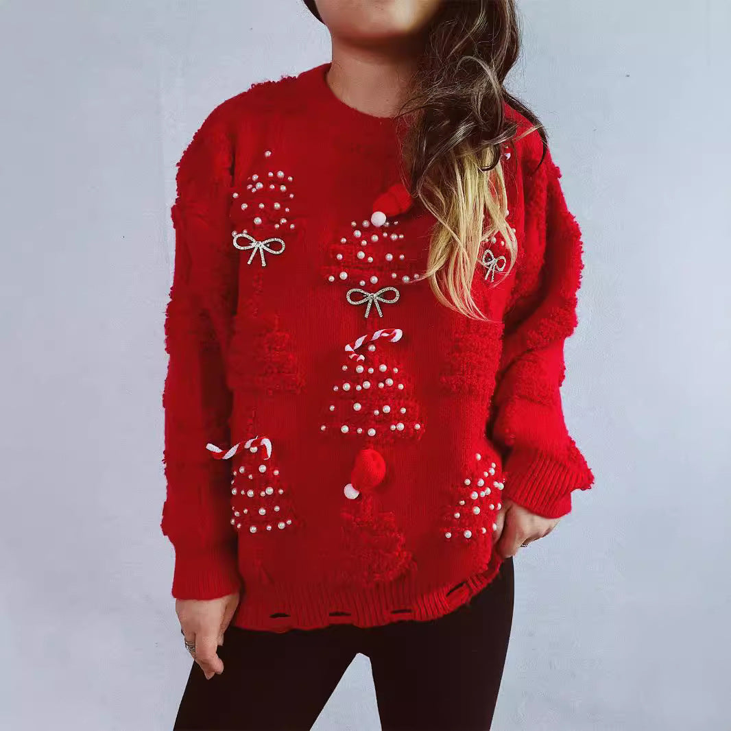 Damen festlicher Pullover mit kreativen Weihnachtsmotiven und strukturiertem Design Drune