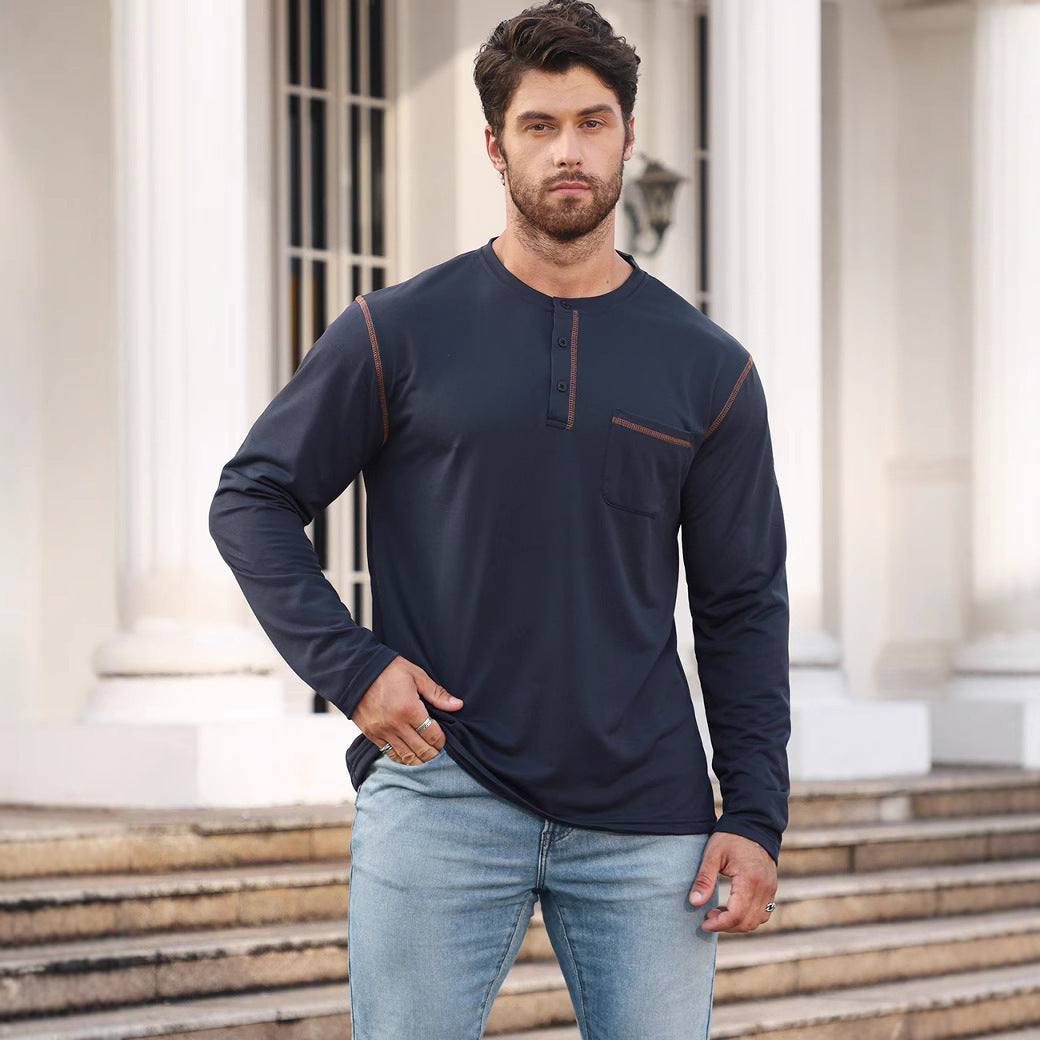 Herren nan Langarmshirt mit kurzer Knopfleiste Brusttasche und kontrastierenden Ziernähten Drune