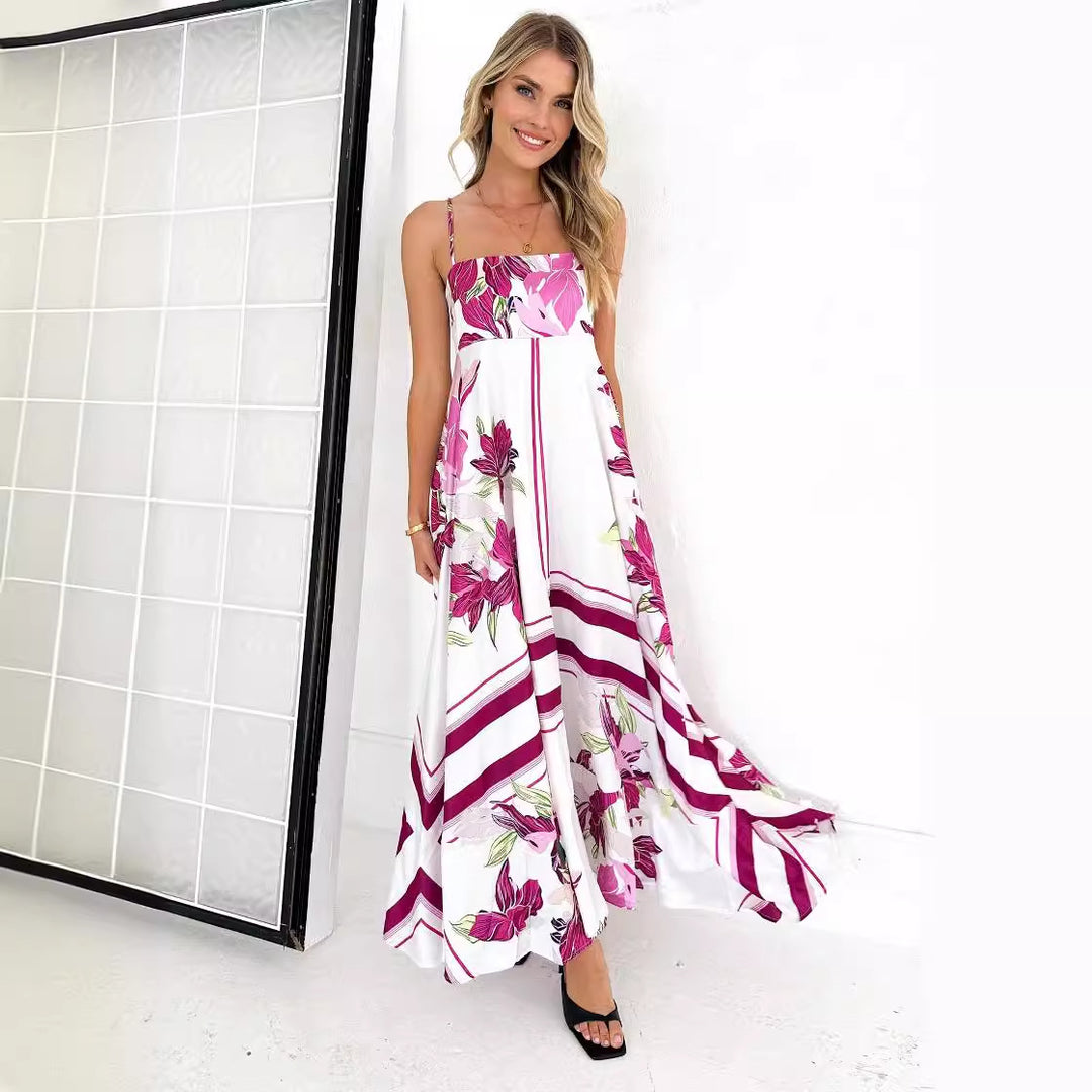 Damen Maxikleid mit modernen grafischen Mustern und dünnen Trägern Drune