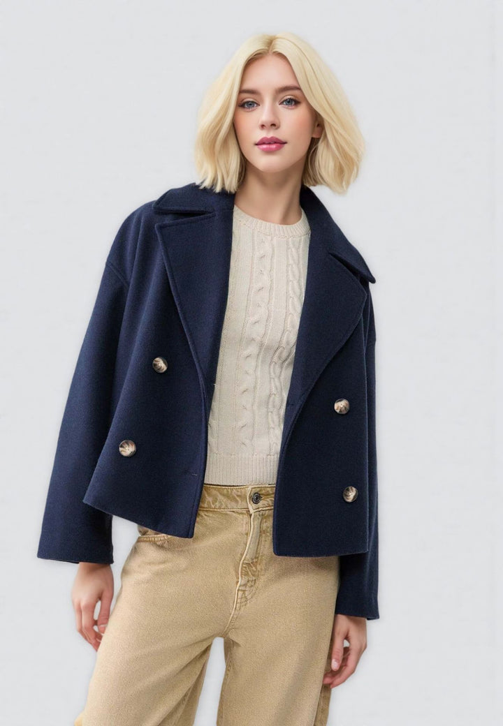 Damen nan kurzes doppeltreihiges Wollmix-Manteljacke im Boxy-Cut mit weitem Reverskragen Drune