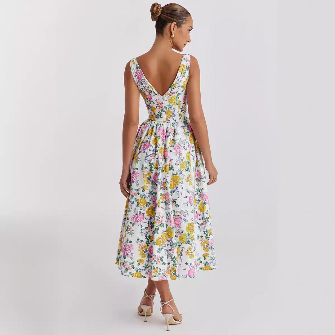 Damen Midikleid mit floralen Akzenten und tailliertem Oberteil Drune