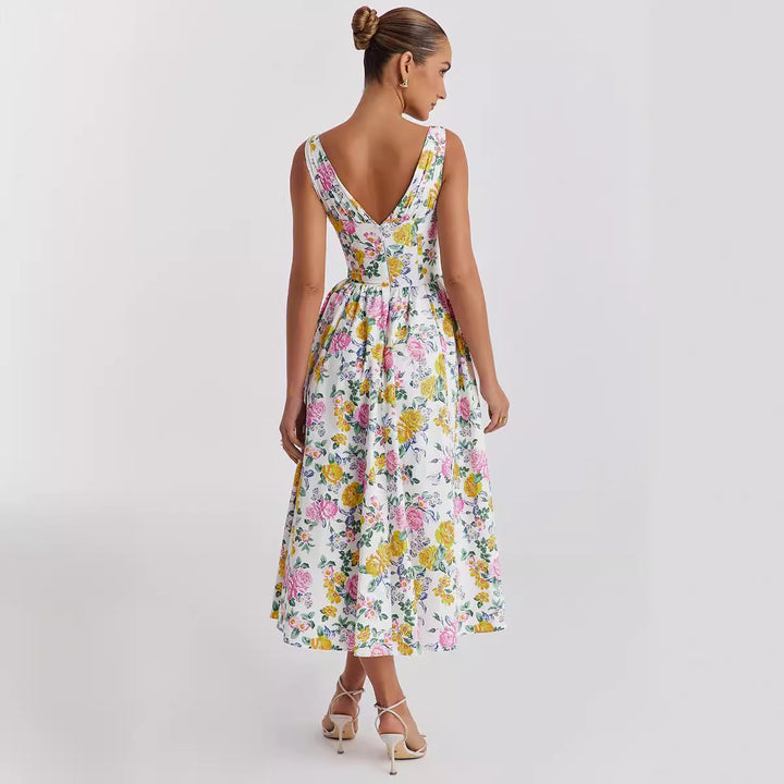 Damen Midikleid mit floralen Akzenten und tailliertem Oberteil Drune