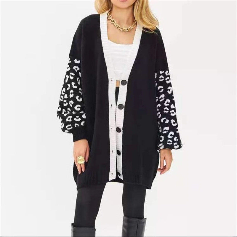 Damen Grobstrick Cardigan mit Leopardenmuster und Knopfdetaillierung Drune