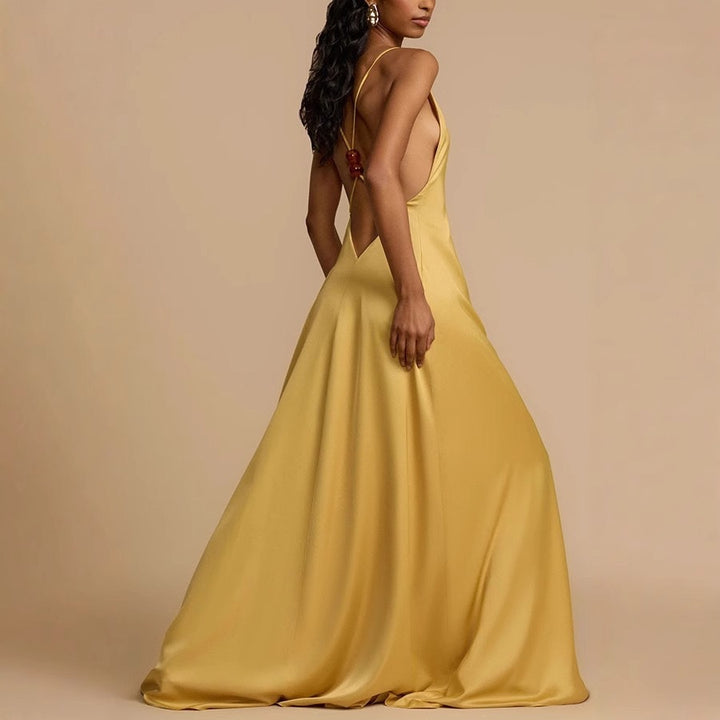 Damen Elegantes Maxikleid mit tiefem V-Ausschnitt und fließendem Schnitt Drune