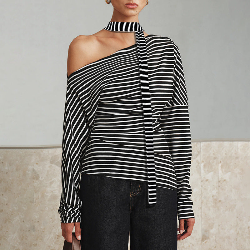 Damen asymmetrisches Langarmshirt mit modischen Streifen und Neckholder Drune