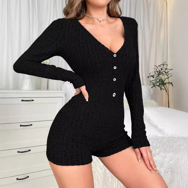 Damen Strickoverall mit tiefem V-Ausschnitt und Knopfdetails Drune