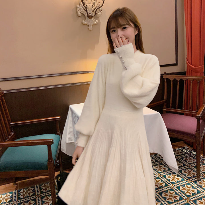 Damen Strickkleid mit modischen Puffärmeln und Knopfdetails Drune