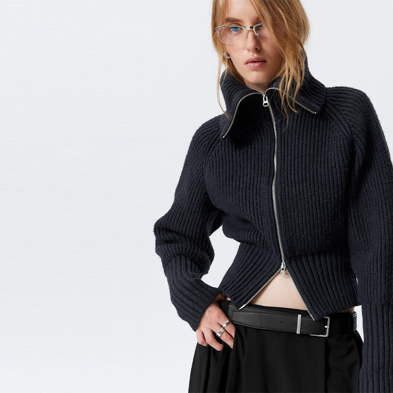 Damen Strickjacke mit hohem Kragen und modischem Reißverschluss Drune