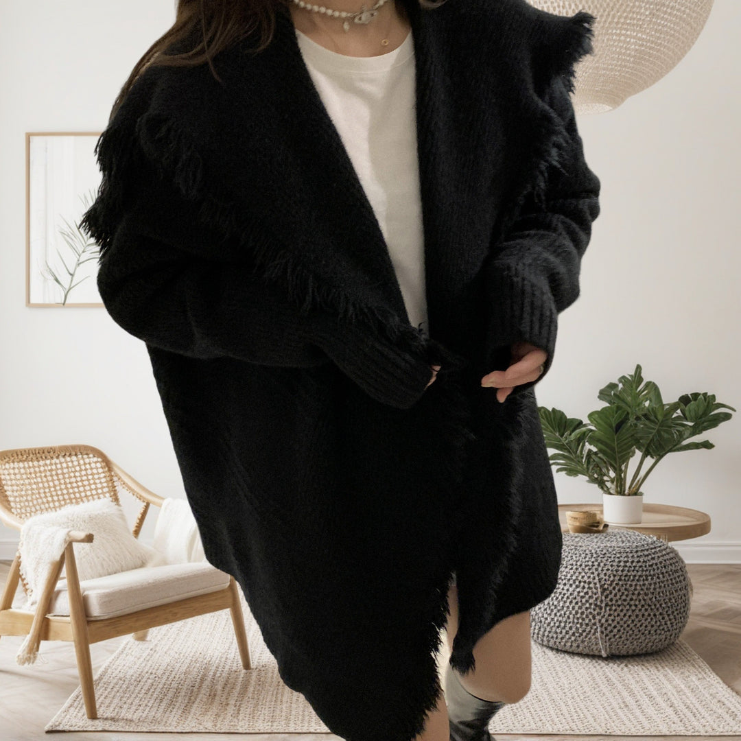 Damen Oversized Strickjacke mit fransigen Details und offenem Schnitt Drune