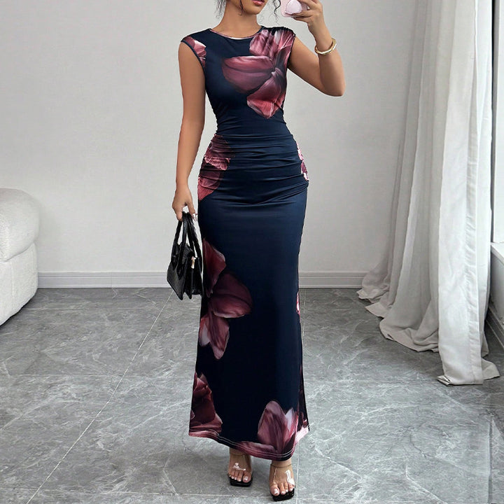 Damen elegantes Maxi-Kleid mit floralem Drapierungsdesign und figurbetonendem Schnitt Drune