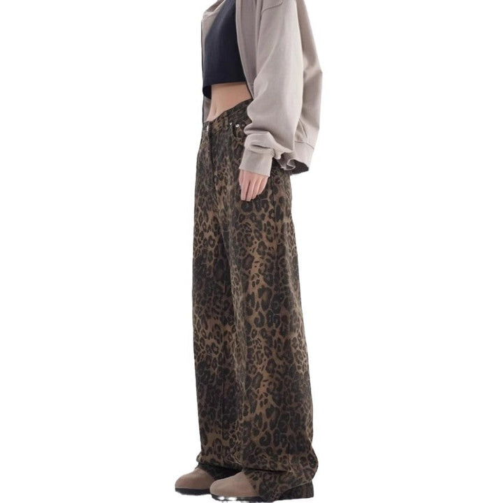 Damen Weite Leoparden-Jeans mit lässigem Schnitt und hoch tailliertem Design Drune
