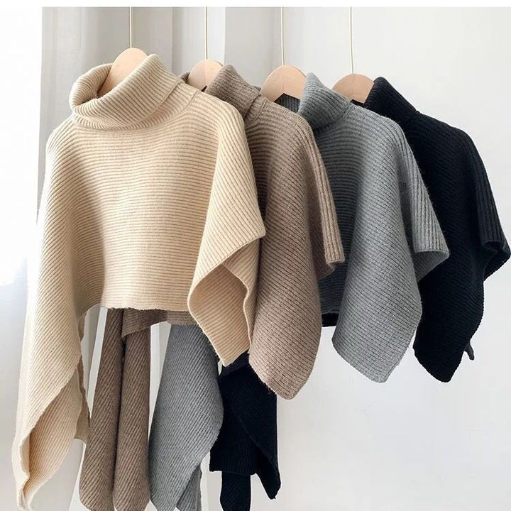 Damen Strickponcho mit hochgeschlossenem Kragen und eleganter Rippstruktur Drune