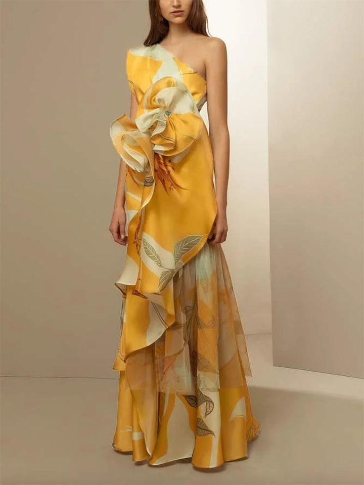 Damen Maxikleid mit asymmetrischem Schnitt und floralen Rüschenverzierungen Drune