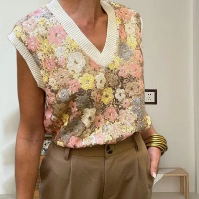 Damen Glamouröses Strickoberteil mit Blumenapplikationen und funkelnden Pailletten Drune