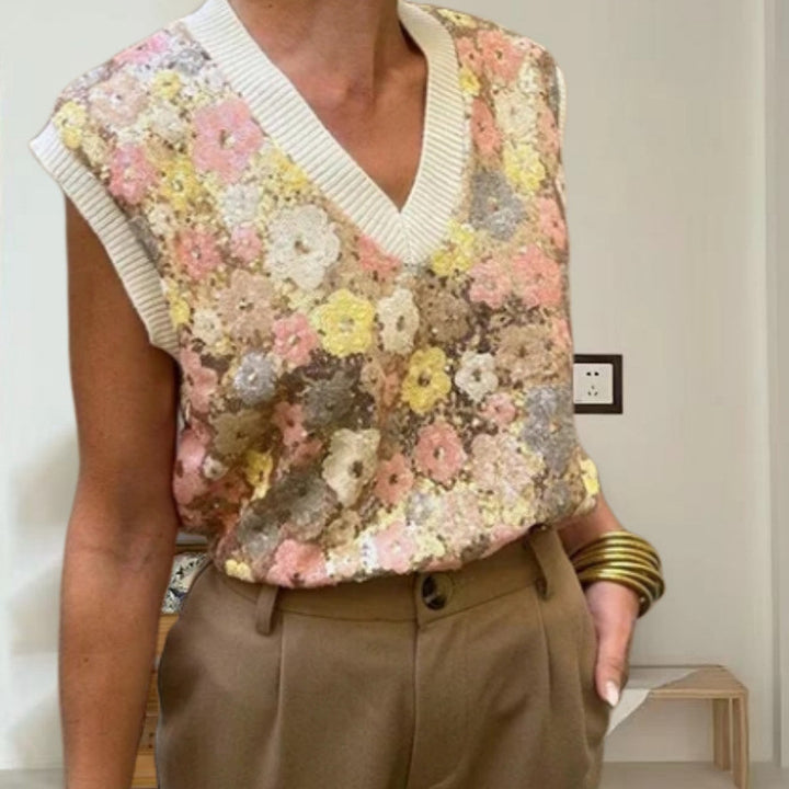Damen Glamouröses Strickoberteil mit Blumenapplikationen und funkelnden Pailletten Drune