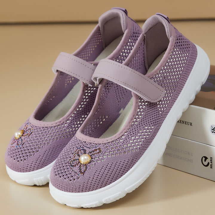 Damen nan gestrickter Mary-Jane-Sneaker mit Klettriemen, atmungsaktivem Strickoberteil, dekorativer Perlenapplikation und dämpfender EVA-Sohle Drune