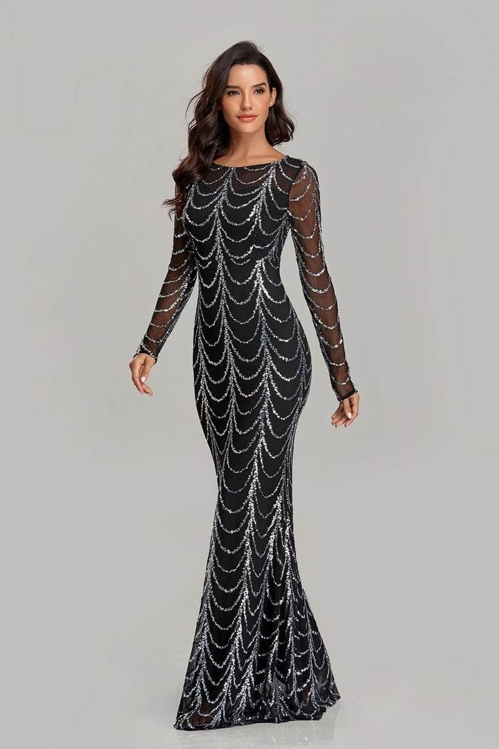 Damen Figurbetontes Abendkleid mit transparenten Ärmeln und Paillettenverzierung Drune