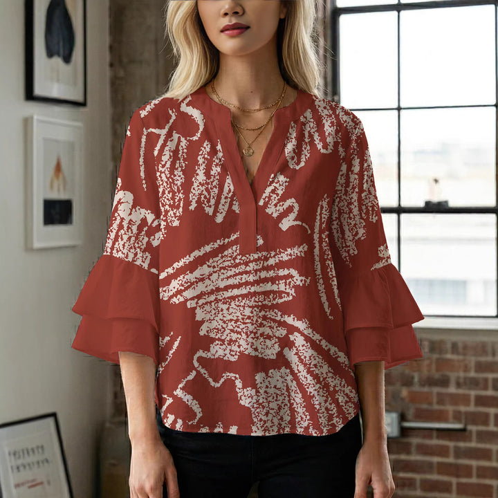 Damen elegantes Blusenshirt mit voluminösen Rüsenärmeln und grafischem Blumendesign Drune
