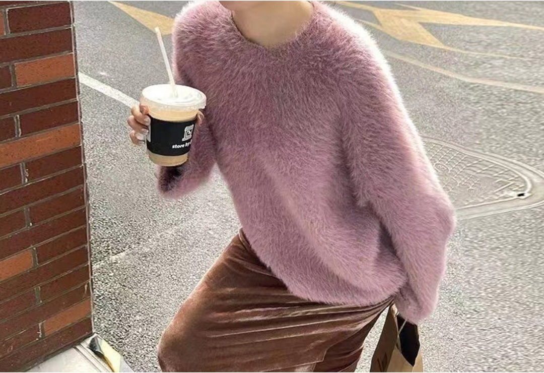 Damen Flauschiger Pullover mit lässigem Schnitt und hohem Rundhalsausschnitt Drune