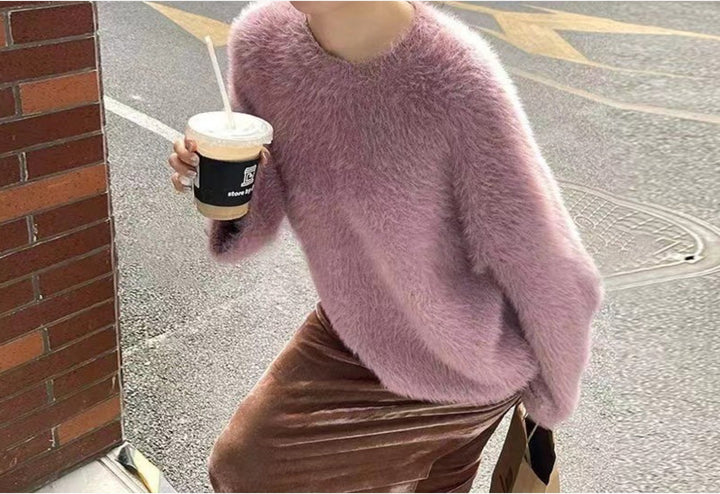 Damen Flauschiger Pullover mit lässigem Schnitt und hohem Rundhalsausschnitt Drune