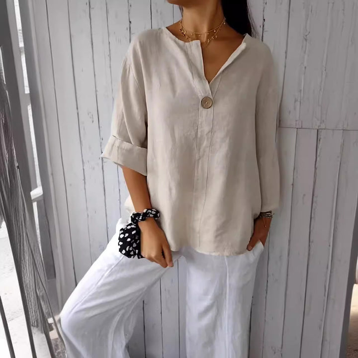 Damen luftige Leinenbluse mit Knopfdetails und lässigem Schnitt Drune