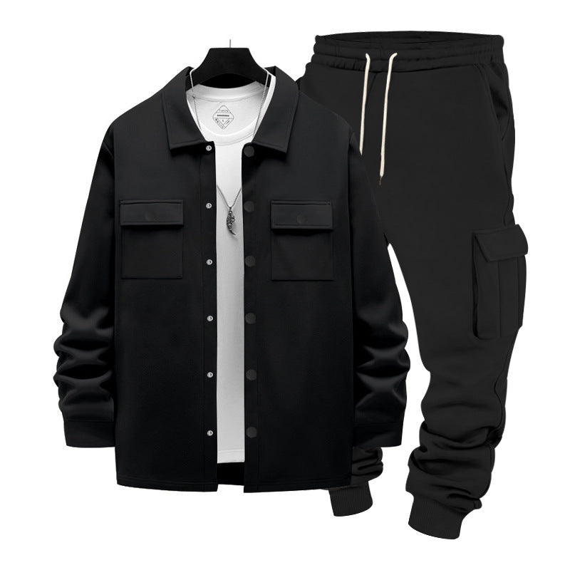 Herren nan lässiges Baumwoll-Misch Overshirt und Cargo-Jogger Set mit Kordelzug, Pattentaschen und elastischen Bündchen Drune