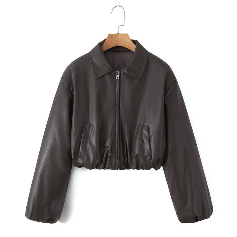 Damen cropped Kunstlederjacke mit praktischen Taschen und Gummibund Drune