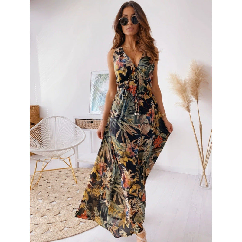 Damen Maxikleid mit floralen Mustern und tailliertem Oberteil Drune
