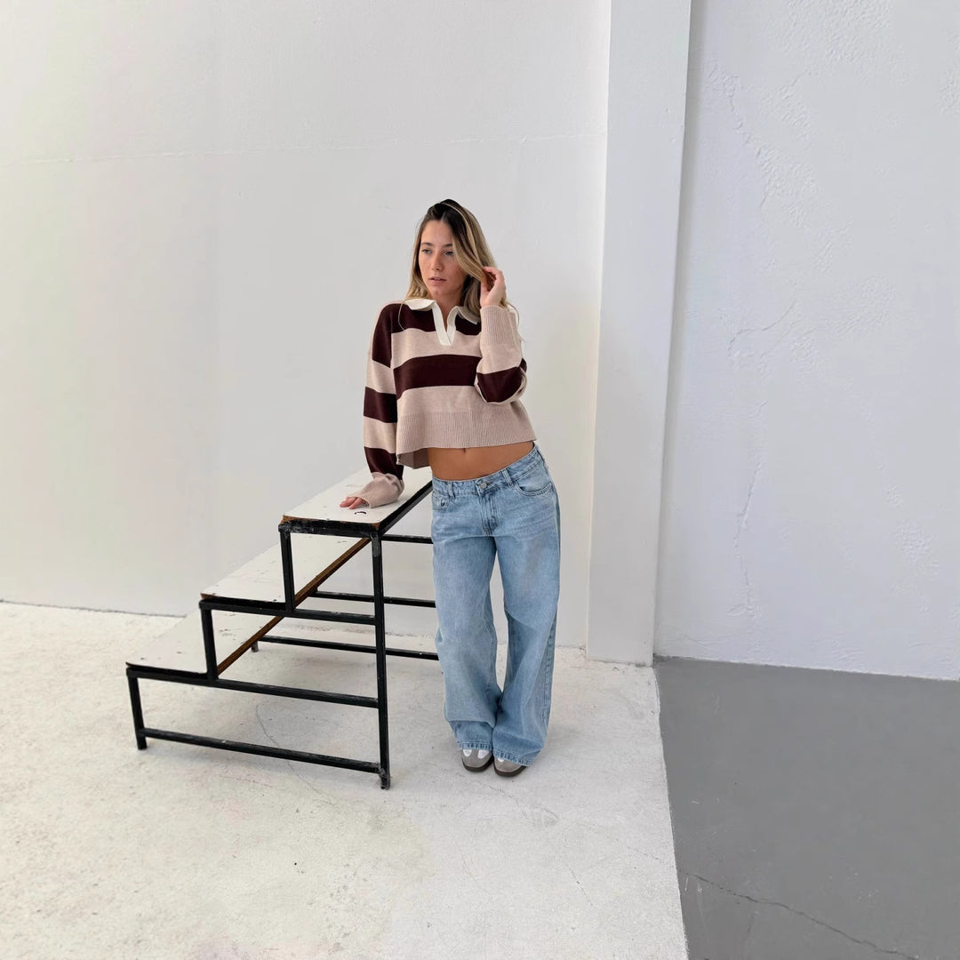 Damen cropped Pullover mit modernem Streifenmuster und sportlichem Kragen Drune