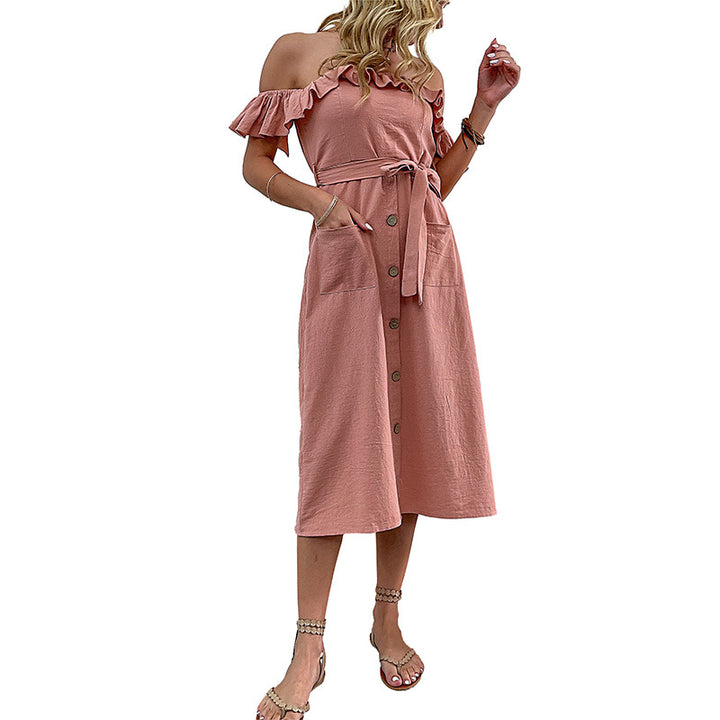 Damen Off-Shoulder Midi-Kleid mit Rüschendetails und Bindegürtel Drune