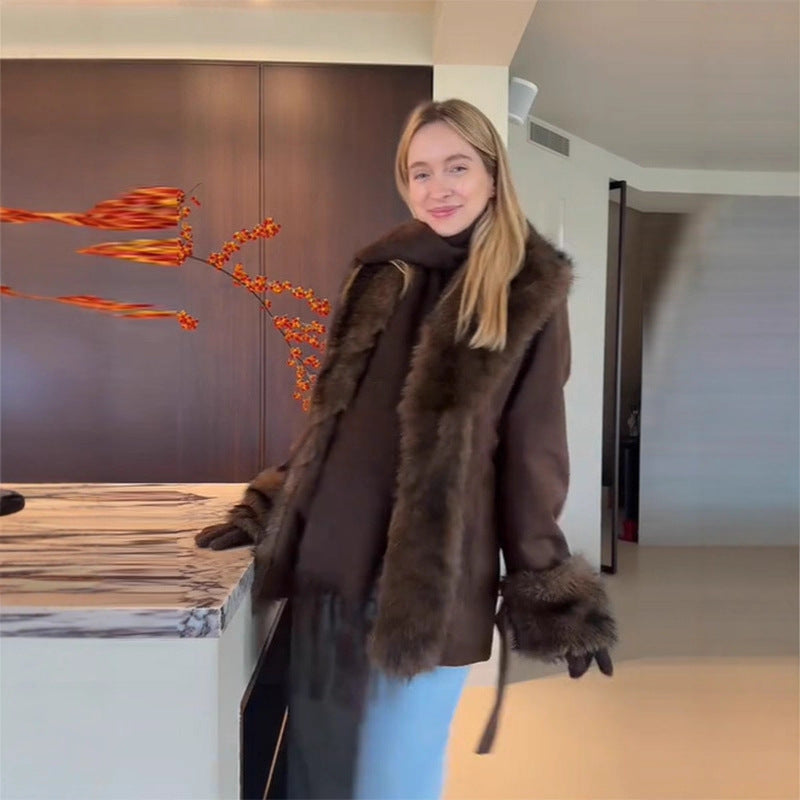 Damen Luxuriöser Kunstfell-Mantel mit Taillengürtel Drune