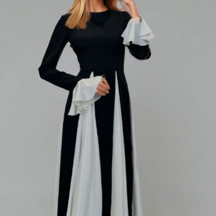 Damen Maxikleid mit eleganten Trompetenärmeln und raffiniertem Farbkontrast Drune