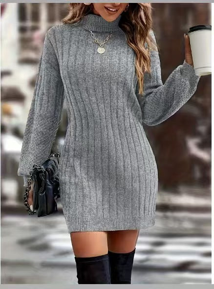 Damen Strickkleid mit hohem Kragen und feinem Rippenmuster Drune
