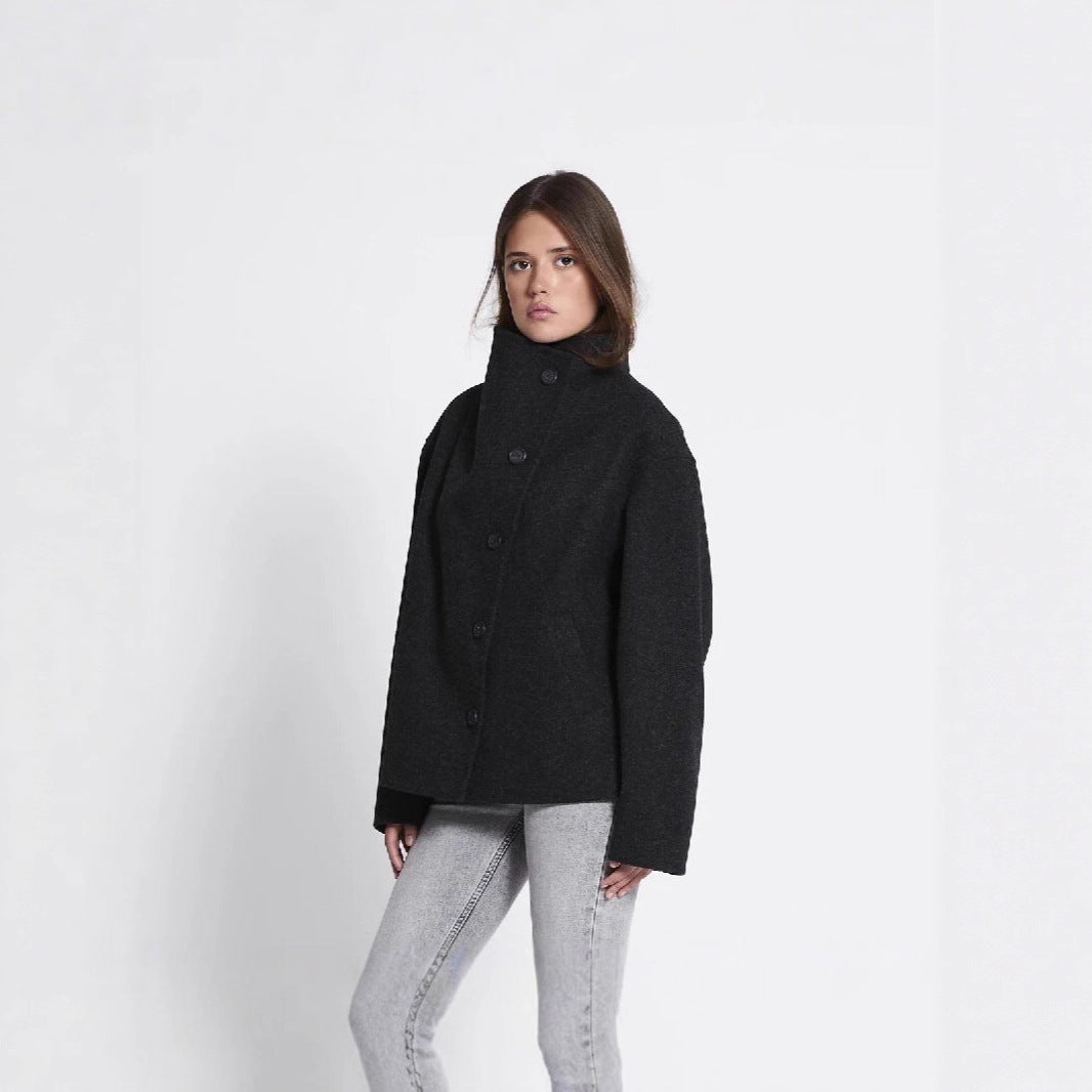 Damen Oversized Wolljacke mit hohem Kragen und doppelter Knopfleiste Drune