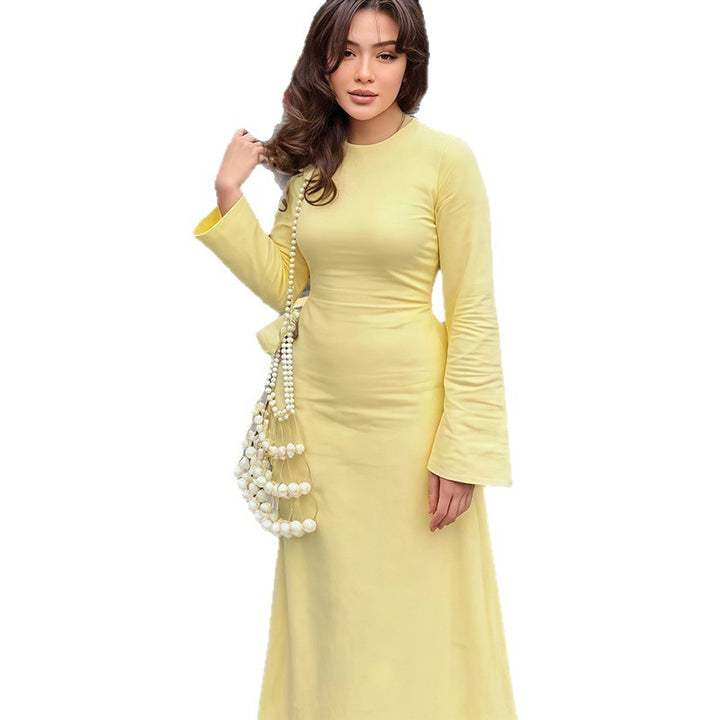 Damen Maxikleid mit taillierbarem Gürtel und elegantem Kragen Drune