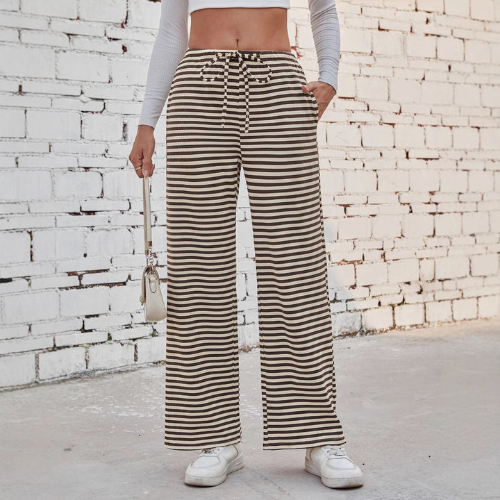 Damen weite Streifenhose mit elastischem Bund und Kordelzug Drune