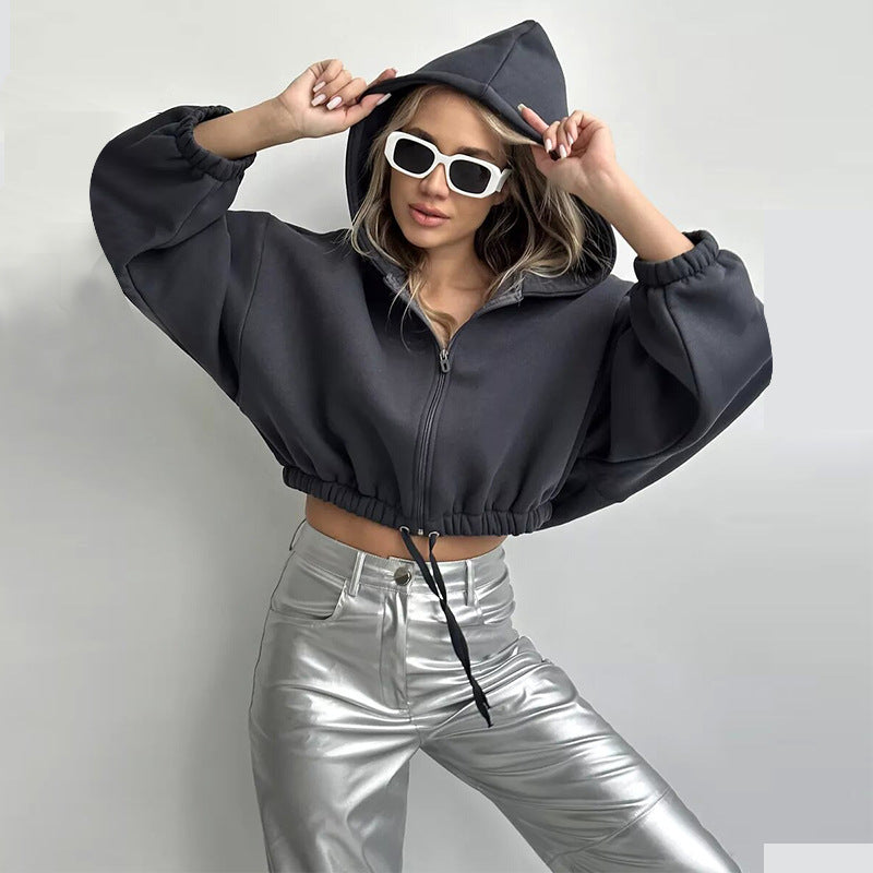 Damen Modischer cropped Hoodie mit Kordelzug und weitem Schnitt Drune