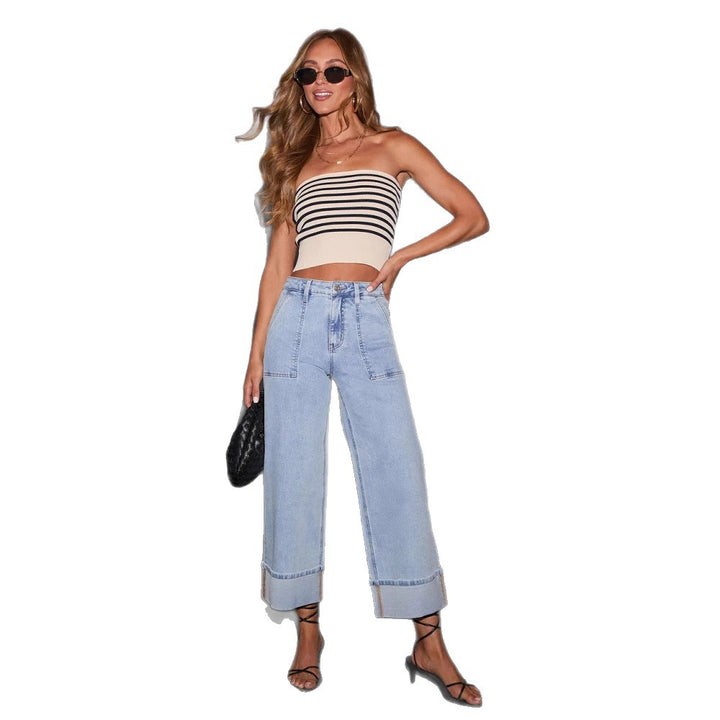Damen Weit geschnittene Jeans mit Taschen und modischem Saum Drune