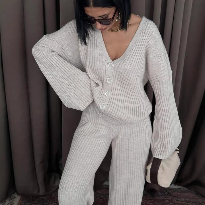 Damen lässiges Strick-Loungewear-Set mit Knopfleiste und weitem Schnitt Drune