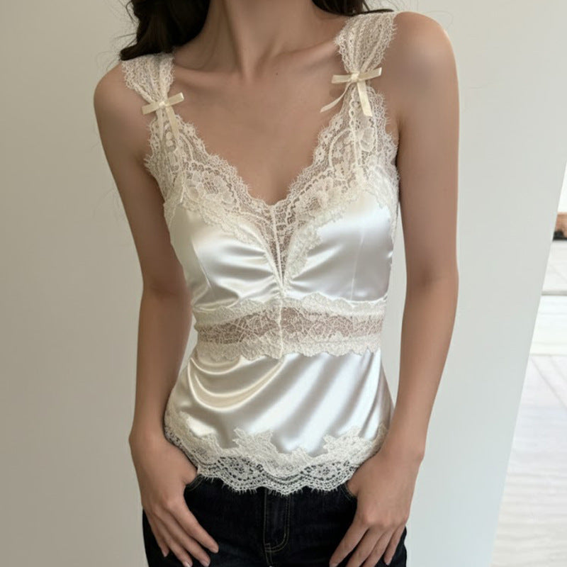 Damen luxuriöses Satin-Top mit romantischen Spitzendetails Drune