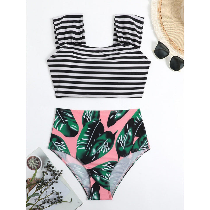 Damen Hochgeschnittener Bikini mit modischem Streifenmuster und floralem Unterteil Drune